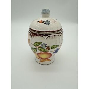 W CL Ceramic Fruit Canister Jar Lid Hand Painted Grapes Pear Apple White 8in